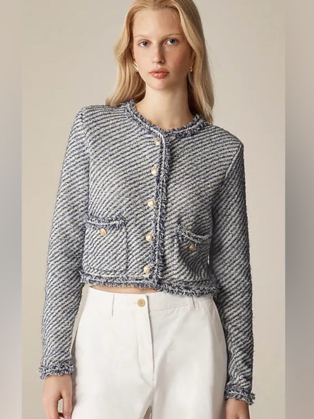 J.Crew Collection cropped lady jacket in textured cotton tweed gold buttons S